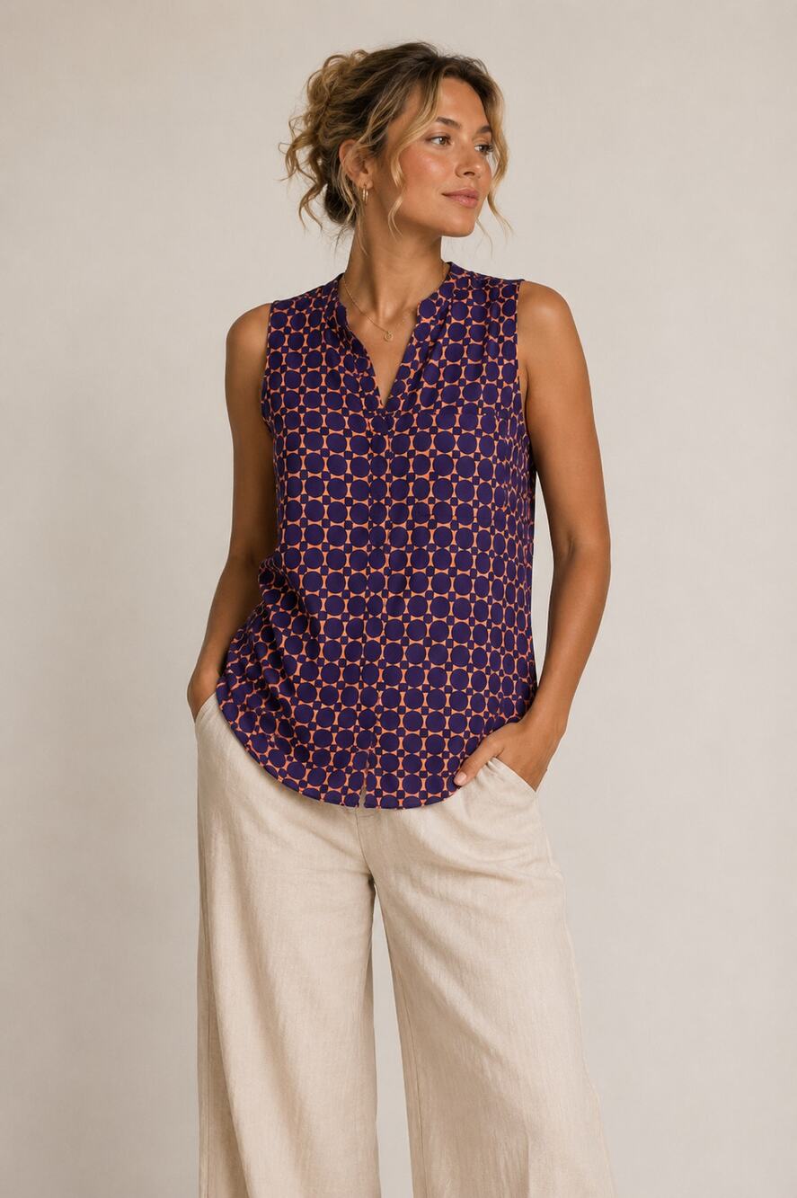 Papermoon Stitchfix Purple & Orange Spotted Sleeveless Tunic Blouse Womens S Top